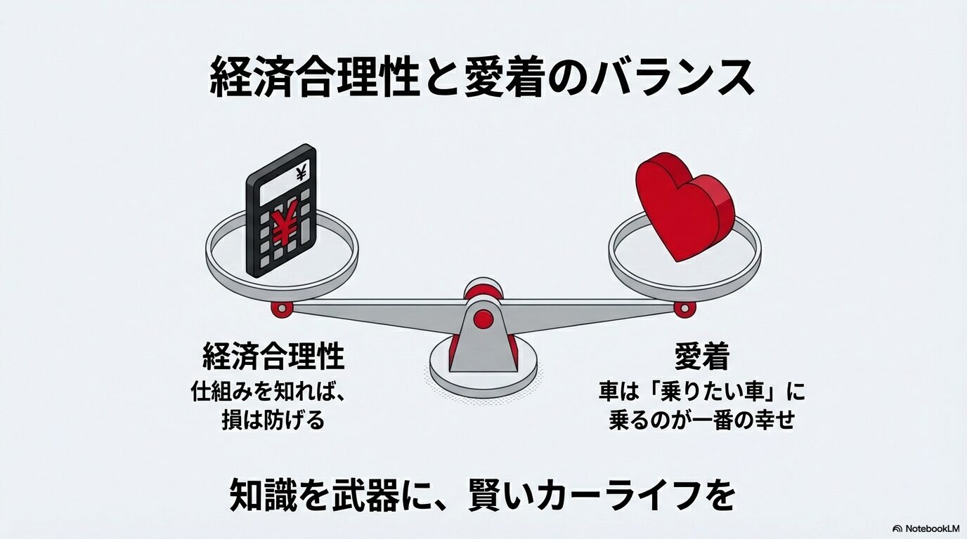 天秤の左に経済合理性(計算機)、右に愛着(ハート)が乗っており、仕組みを知って損を防ぎつつ、乗りたい車に乗る幸せのバランスを説くイラスト