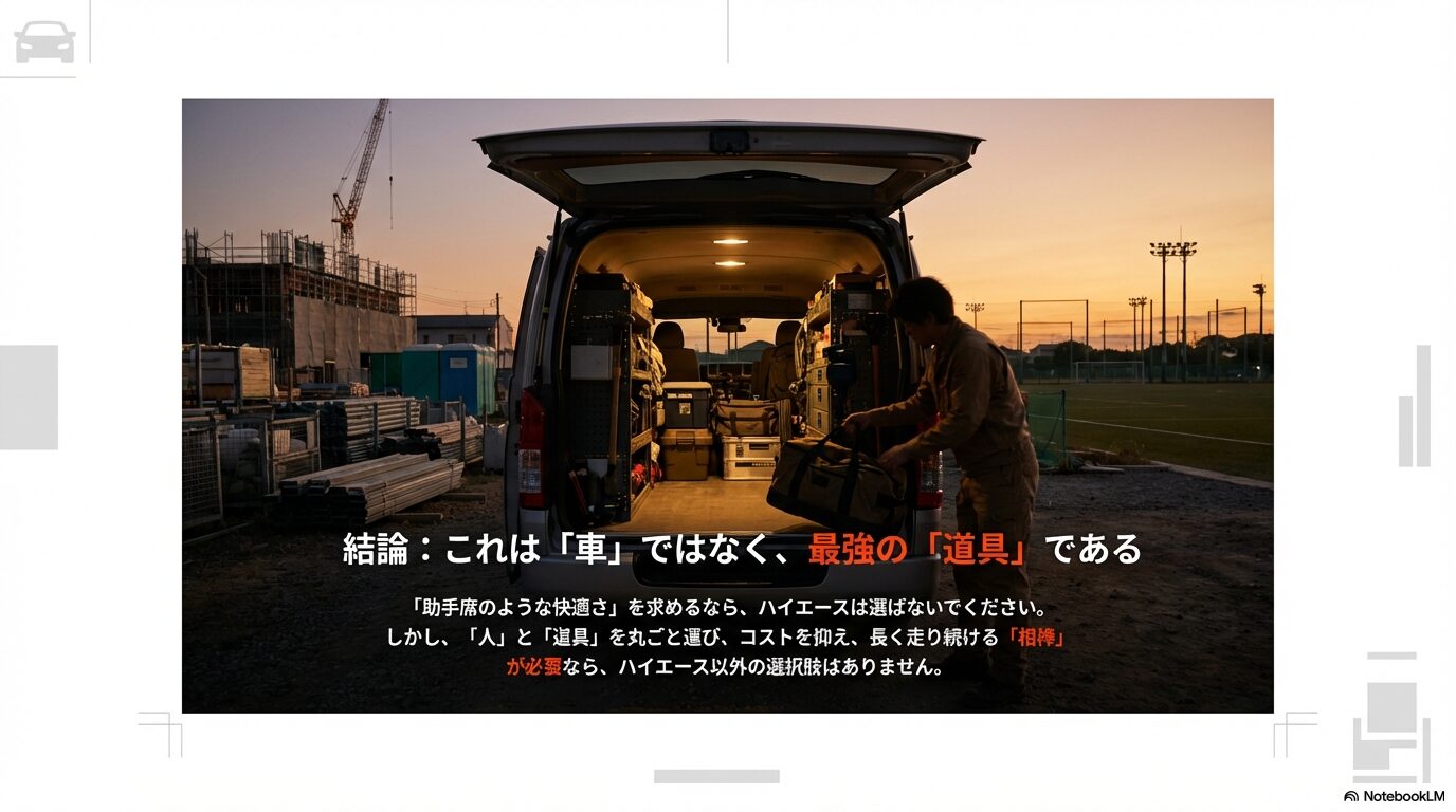 ハイエースは車ではなく人と道具を運ぶための最強の道具であり相棒であるという結論のスライド