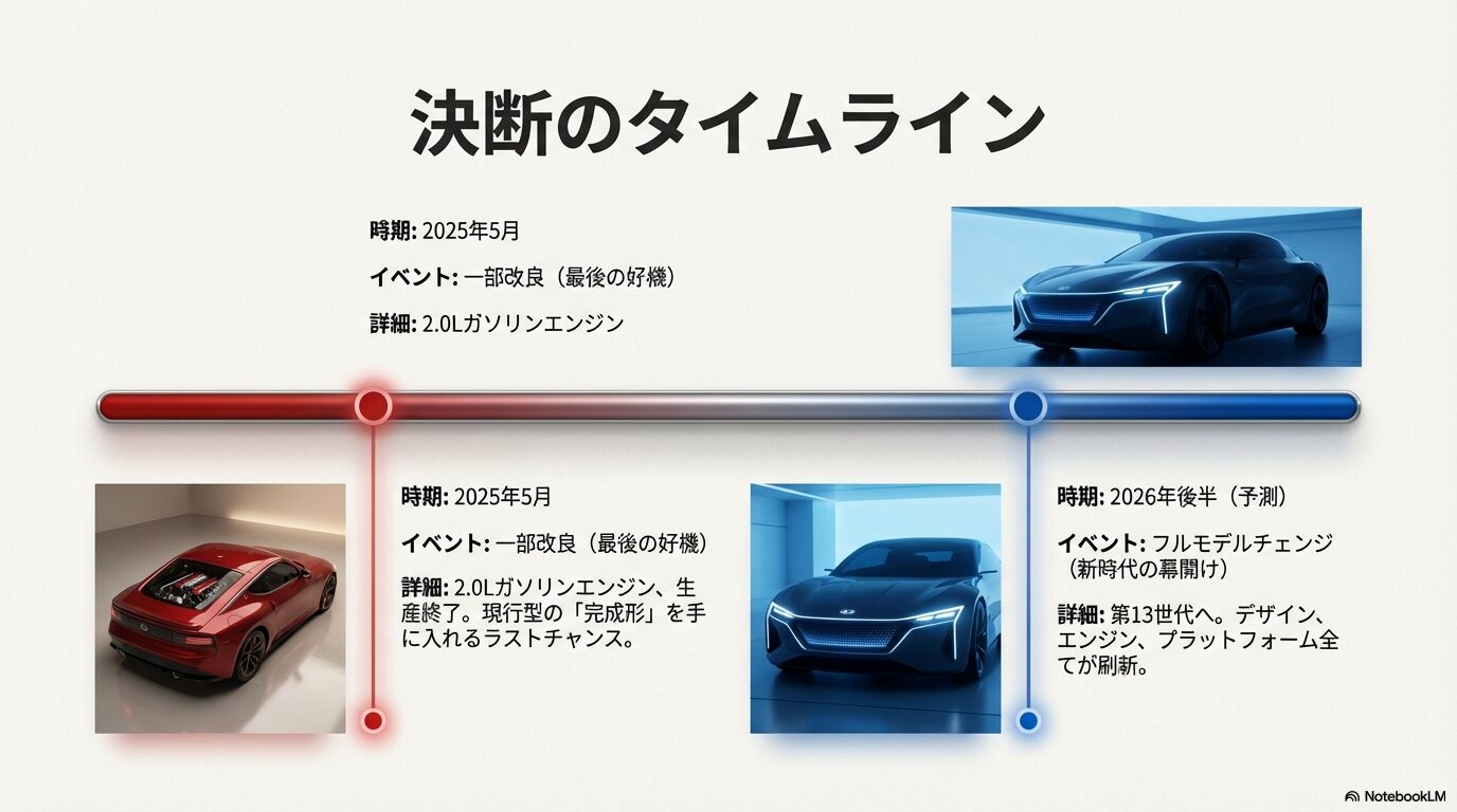 2025年5月の2.0Lガソリンエンジン終了と、2026年後半のフルモデルチェンジ時期を対比させたタイムライン図。