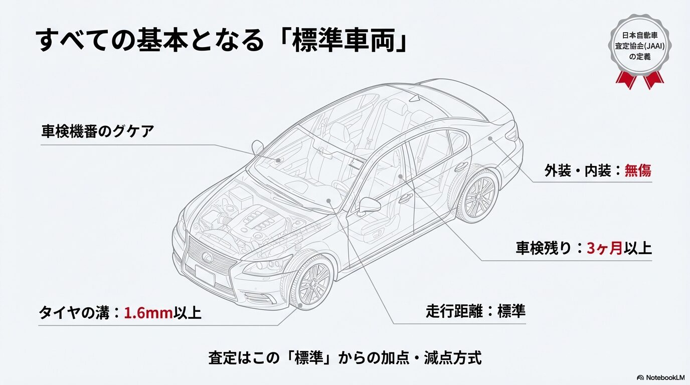 車の透過図解。タイヤの溝1.6mm、内外装無傷、車検残り3ヶ月、標準走行距離など、加減点のゼロ地点となる条件の解説 。