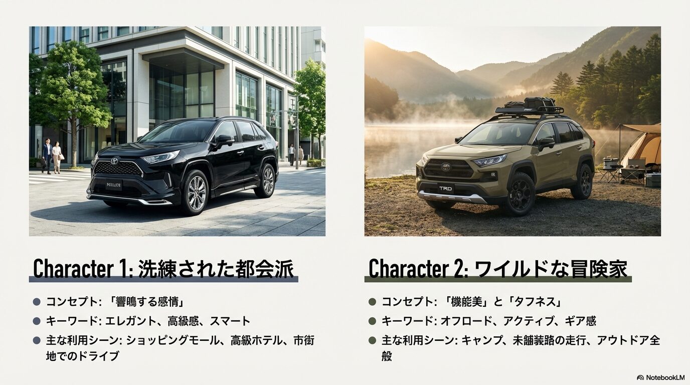 RAV4モデリスタの都会的な洗練さとTRDのワイルドな機能美を比較したコンセプト解説図