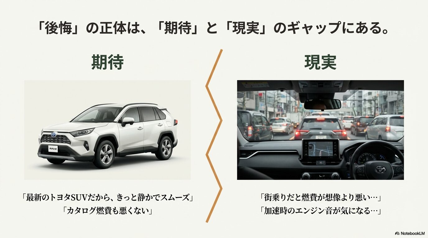 「最新のトヨタSUVだから静かで低燃費」という期待と、「街乗り燃費や加速音が気になる」という現実のギャップを示すイラスト。