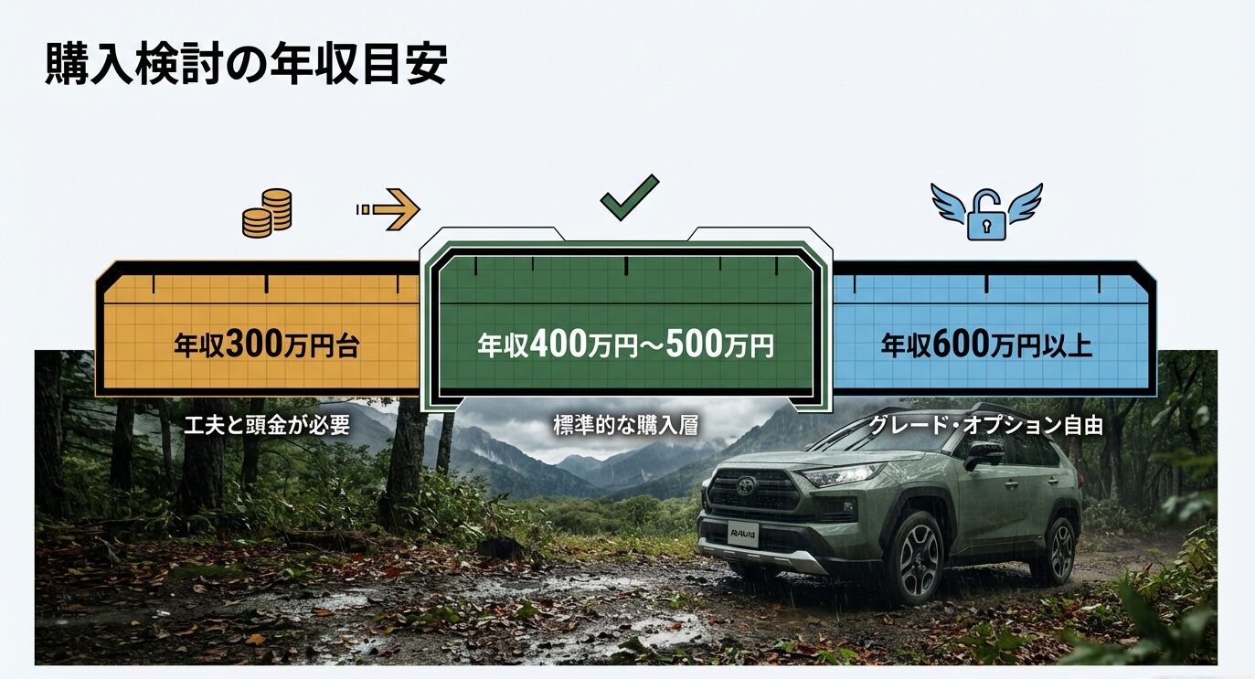 年収300万円台（工夫が必要）、年収400〜500万円（標準層）、年収600万円以上（自由選択）の3つの区分を示したグラフ