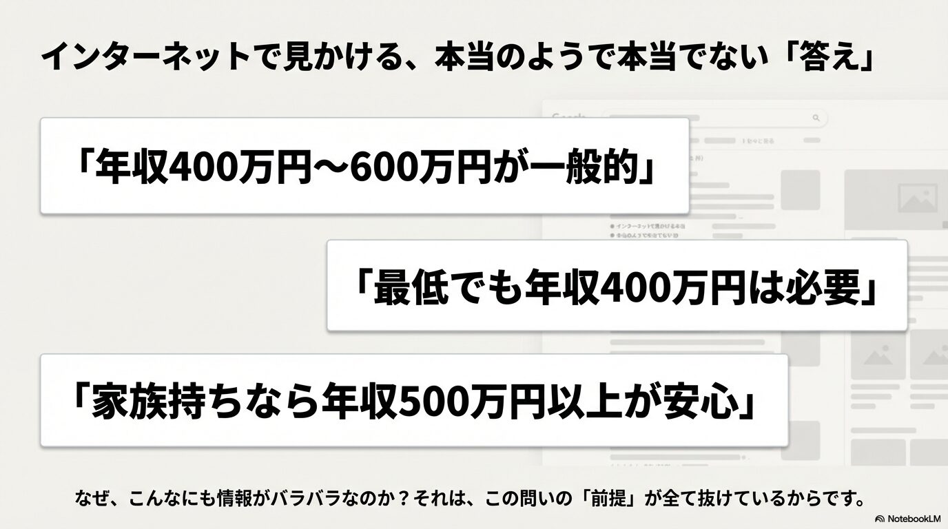 ネット上で語られる「年収400万〜600万が一般的」「最低でも400万必要」といった情報のバラつきと、前提が抜けていることを指摘した図解スライド。