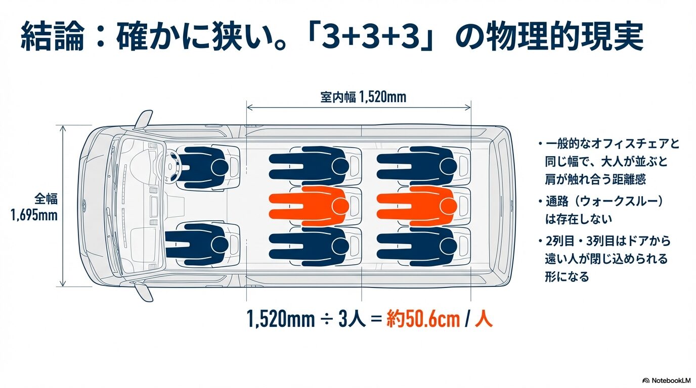 室内幅1,520mmを3人で分けると1人あたり約50.6cmとなり、大人が並ぶと肩が触れ合う距離感を示す図解
