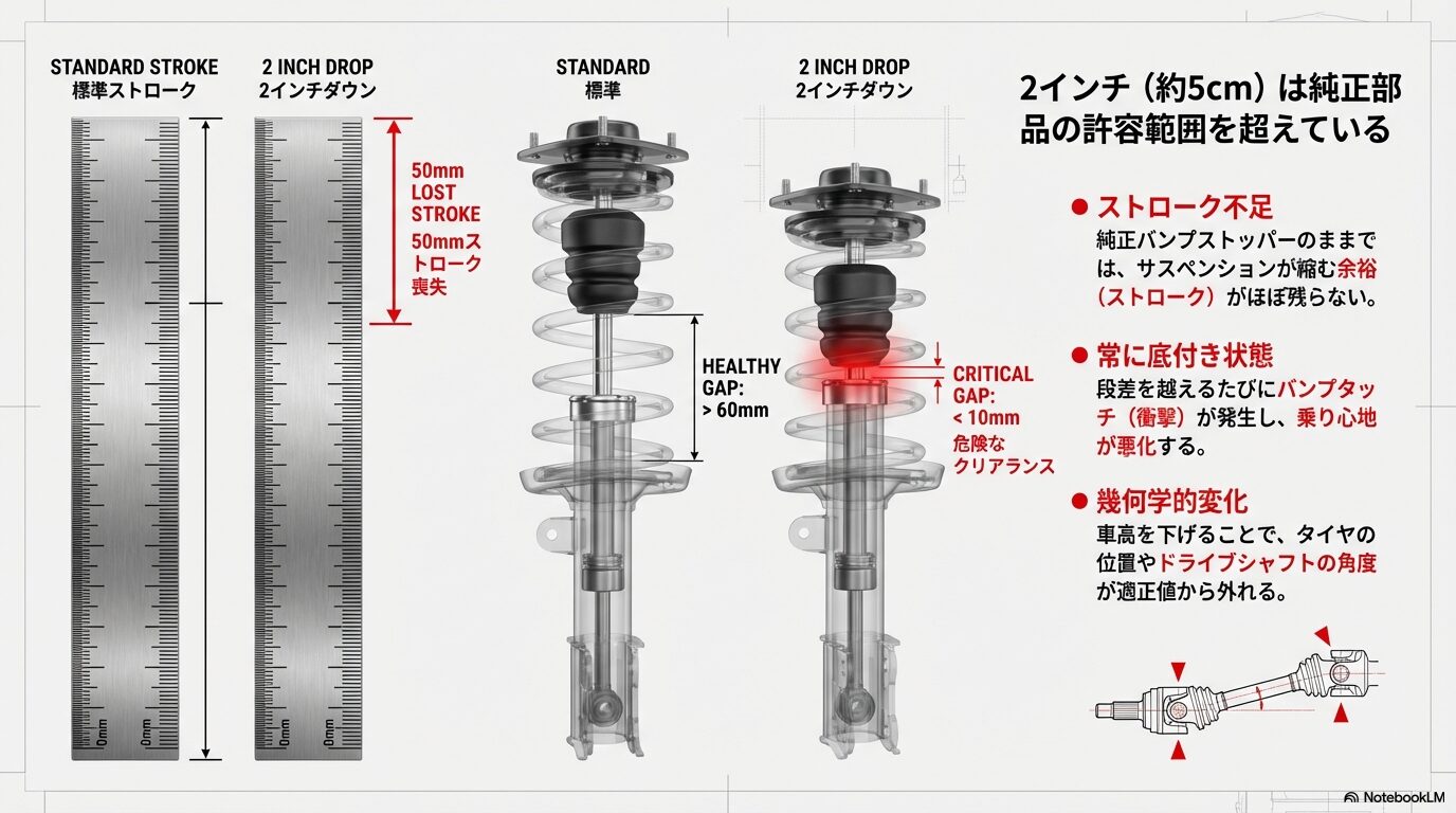 ハイエースのタイヤハウス内部、レゾネーター、スタビライザー、バンプストッパーといった、ローダウン時に異音や干渉が発生しやすい4つの重要ポイントを示した図解。