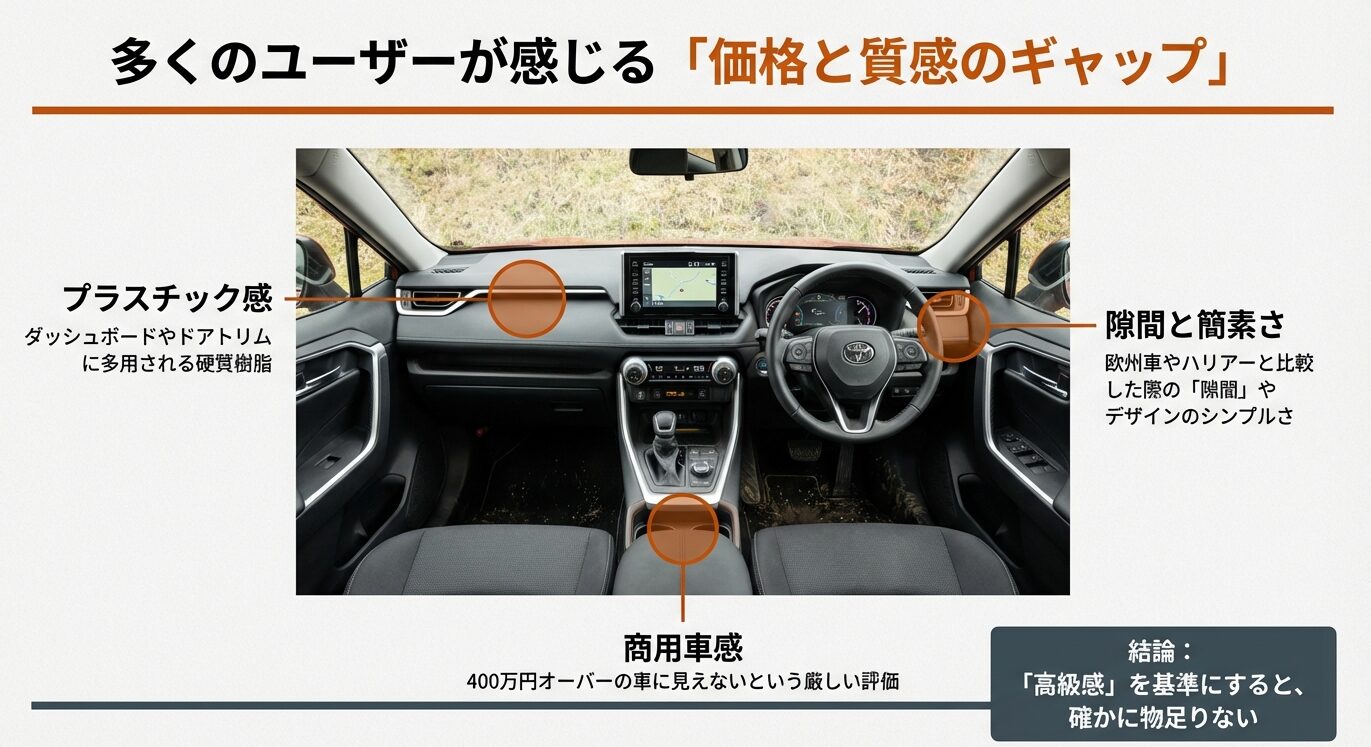 RAV4の運転席周辺の画像。ダッシュボードやドアトリムの硬質樹脂パーツ、他車との比較による「隙間」やシンプルさが指摘されている。
