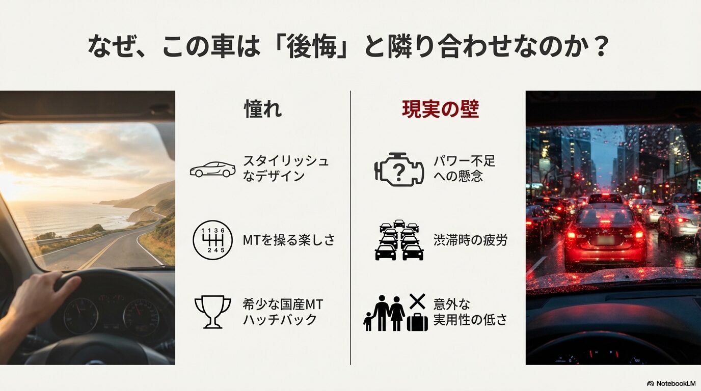 スタイリッシュなデザインへの憧れと、パワー不足や実用性の低さといった現実の壁を対比させたリスト