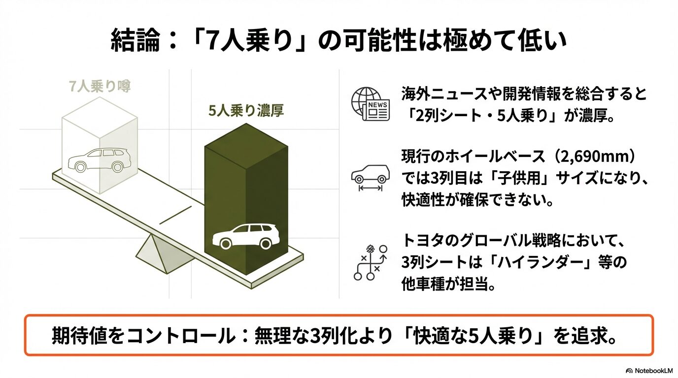 新型RAV4の7人乗り設定は可能性が低いことを示す結論スライド。ホイールベース2,690mmでは3列目の快適性確保が困難であることや、ハイランダーとの役割分担について解説。