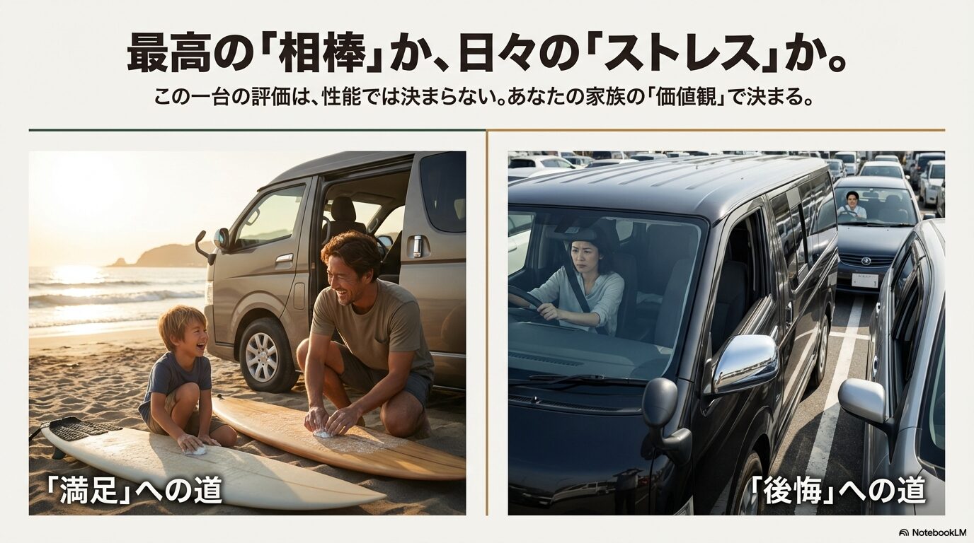 海辺で趣味を楽しむ「満足への道」と、狭い街中での運転に困惑する「後悔への道」を対比させ、性能ではなく価値観が重要であることを説くスライド。