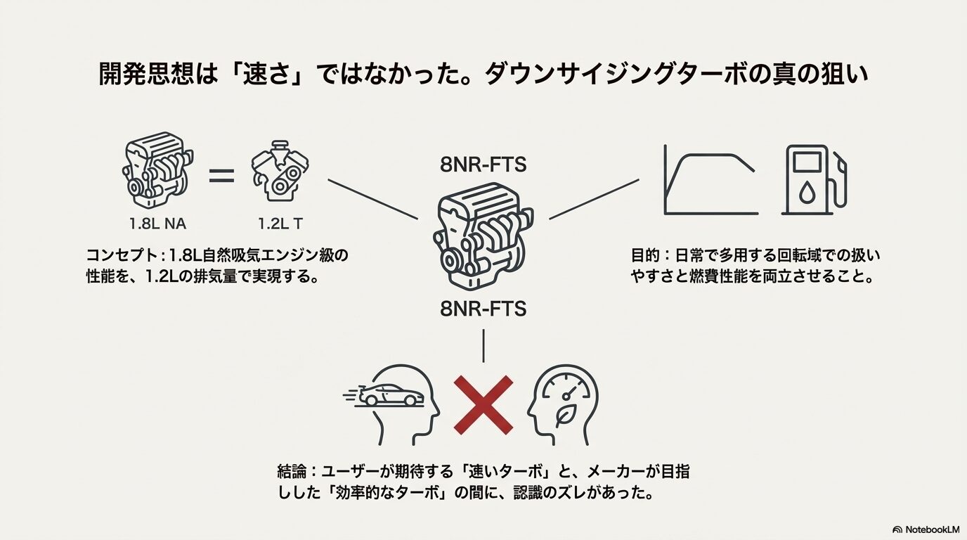 カローラスポーツの1.2Lダウンサイジングターボエンジン「8NR-FTS」のイラスト。メーカーが目指した「効率的なターボ」とユーザーの期待のズレを解説した図解