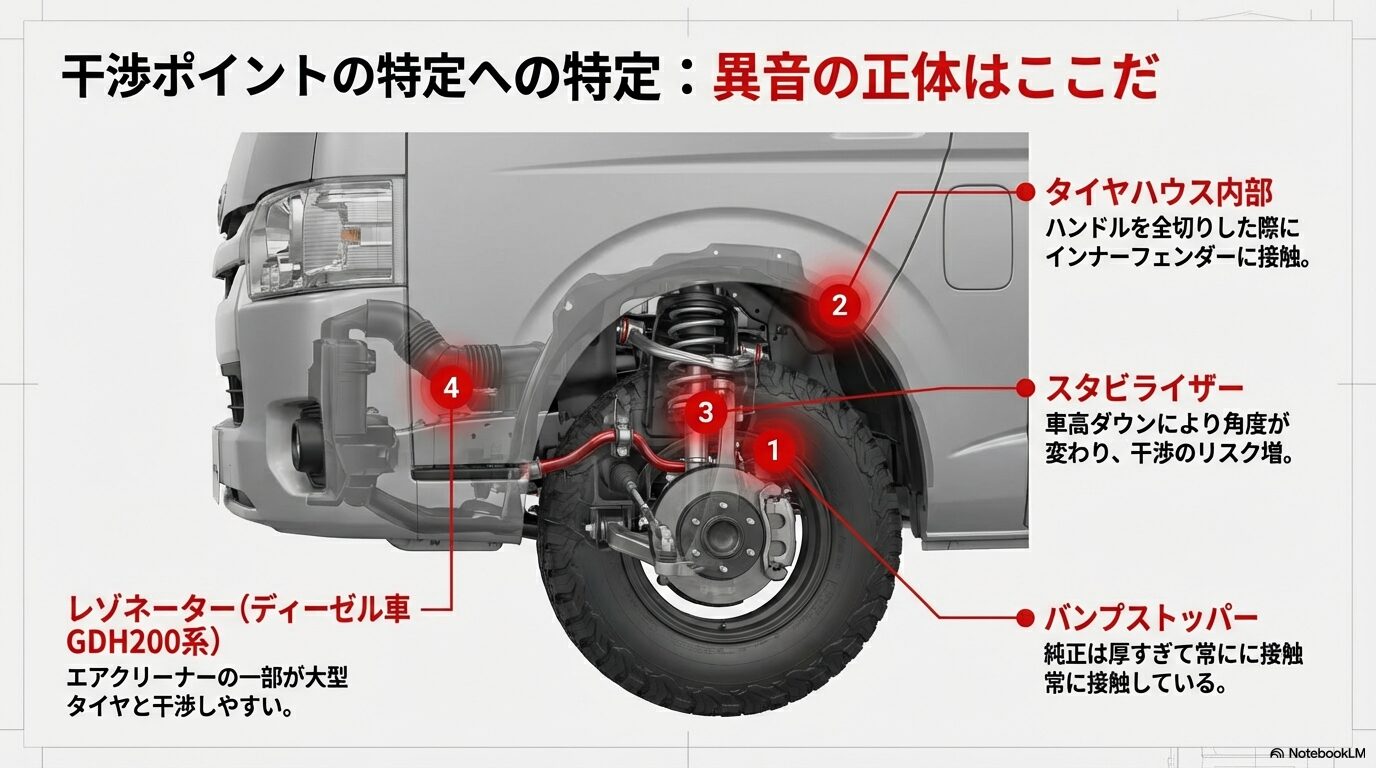標準車高と2インチダウンを比較し、車高ダウンによりサスペンションのストロークが50mm失われ、クリアランスが10mm未満の危険な状態になることを示す比較図。