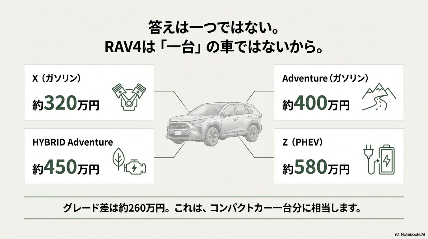 X(ガソリン)約320万円、Adventure約400万円、HYBRID Adventure約450万円、Z(PHEV)約580万円の価格差を示し、グレード差がコンパクトカー1台分に相当することを解説したスライド。