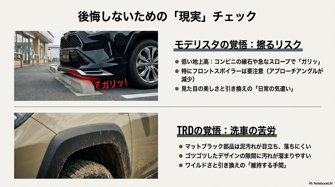 RAV4カスタムの失敗あるある：モデリスタのエアロ擦りリスクとTRDの洗車の手間を解説