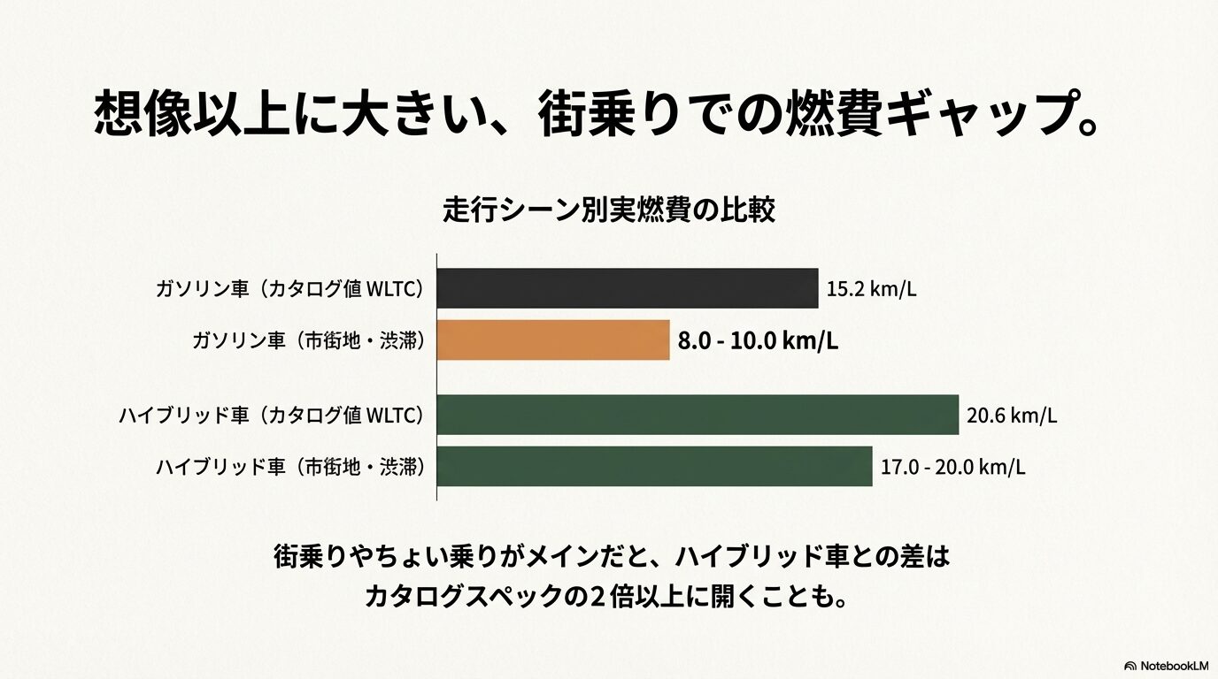 ガソリン車とハイブリッド車のWLTCカタログ燃費と、市街地・渋滞時における実燃費の差を比較した棒グラフ。