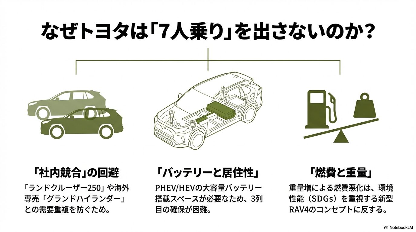 社内競合（ランドクルーザー250等）の回避、PHEV/HEVのバッテリー搭載スペースによる居住性の制約、重量増による燃費悪化という3つの背景を説明する図解スライド。