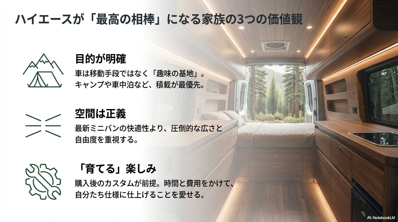目的が明確、空間重視、育てる楽しみという、ハイエースに満足する家族の3つの特徴（趣味の基地、圧倒的な広さ、カスタム前提）をまとめた図解スライド。