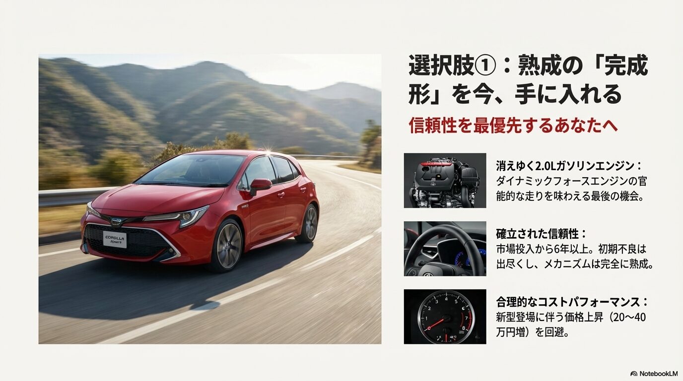 走行中の赤いカローラスポーツ。熟成された信頼性とガソリンエンジンの魅力を強調するイメージ。