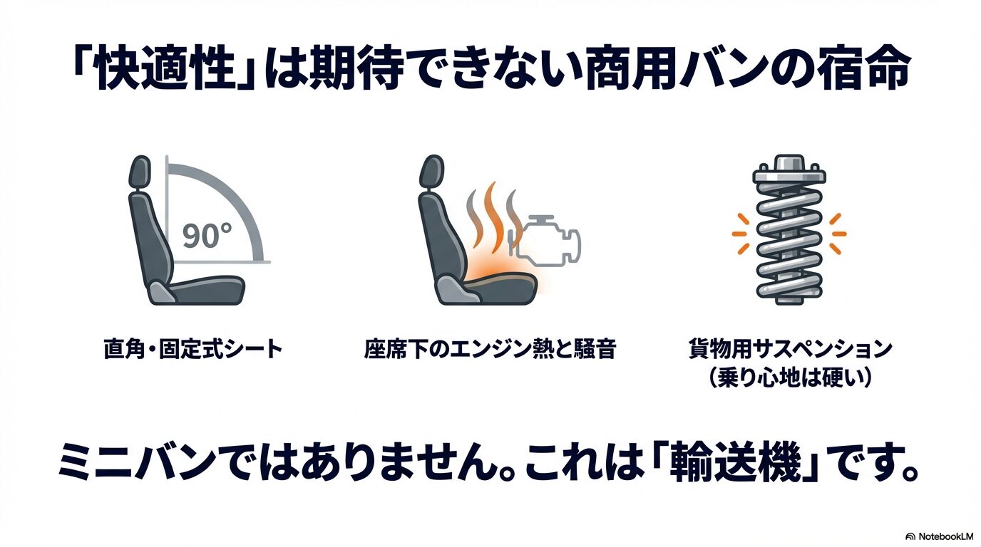 直角固定式シート、座席下のエンジン熱、貨物用サスペンションなど商用車特有の構造を示すイラスト