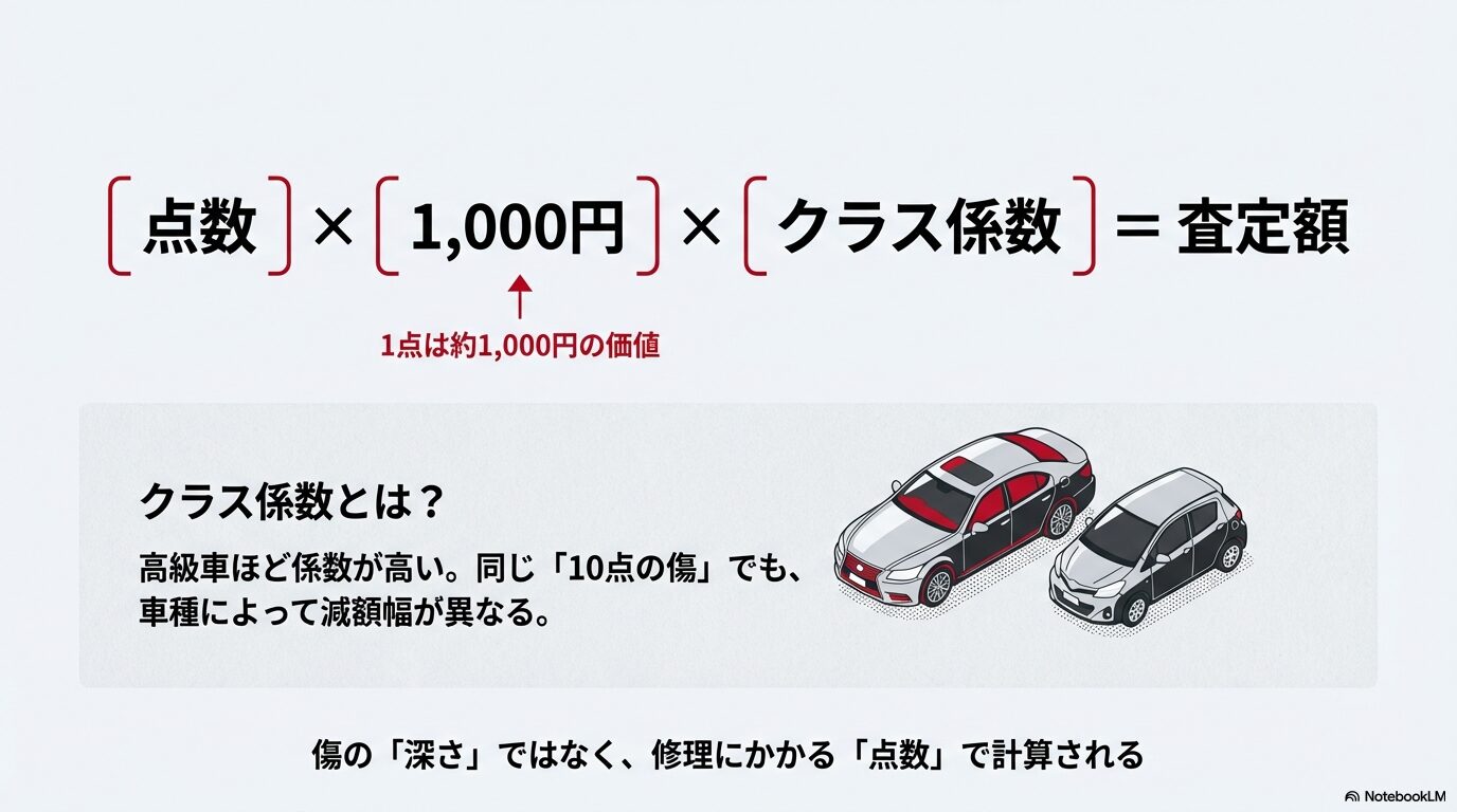 「点数×1,000円×クラス係数=査定額」の計算式。高級車ほど係数が高く、同じ傷でも減額幅が大きくなる仕組みの図解 。