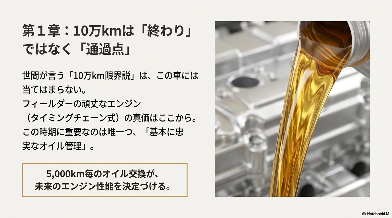 タイミングチェーン式エンジンのフィールダーにとって、10万キロは寿命ではなく通過点であり、5,000km毎のオイル管理が重要であることを示す画像。