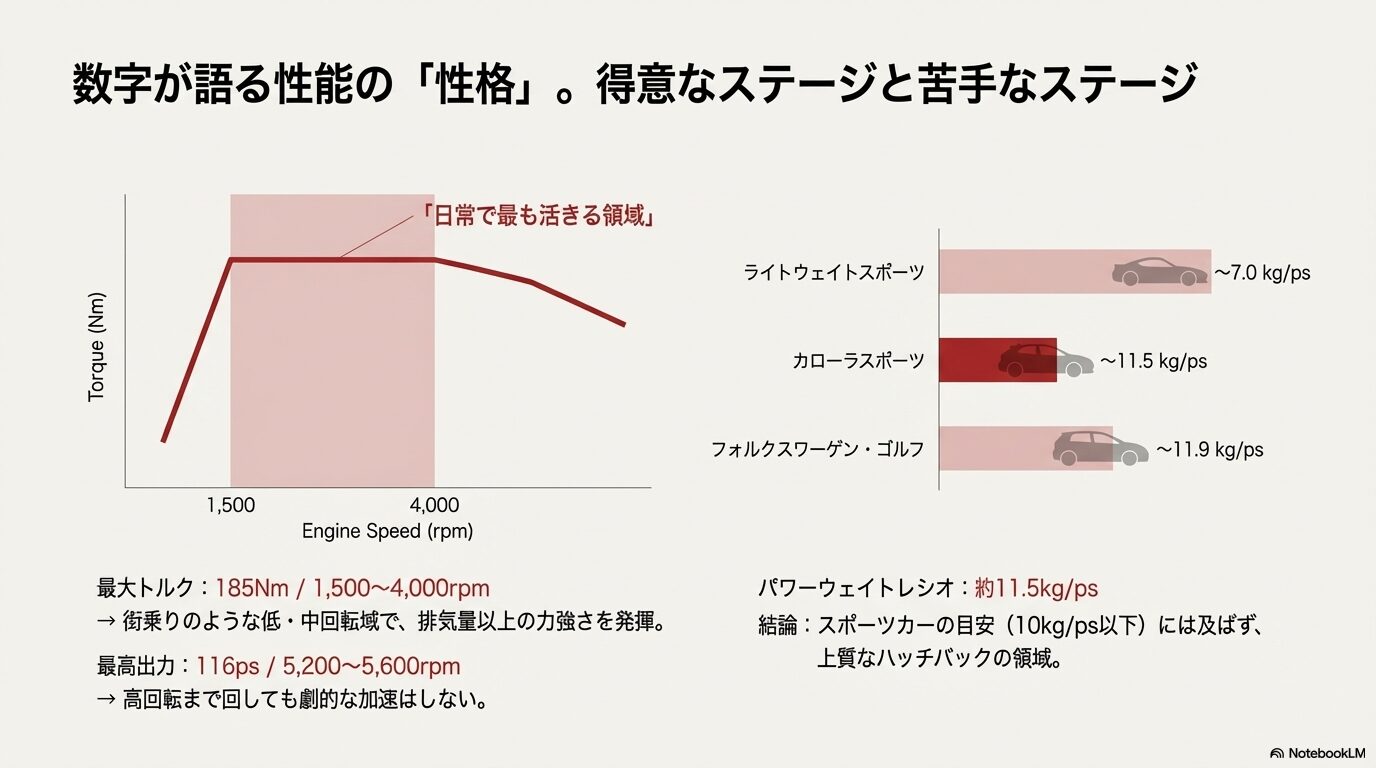 カローラスポーツ1.2Lターボエンジンのトルク曲線。1,500rpmから4,000rpmの「日常で最も活きる領域」の図解と、パワーウェイトレシオ11.5kg/psの比較グラフ