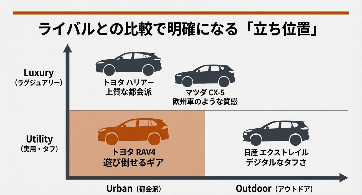 ハリアーやCX-5をラグジュアリー、RAV4をユーティリティ（遊び倒せるギア）、エクストレイルをアーバン・アウトドアに分類した比較マトリックス図。