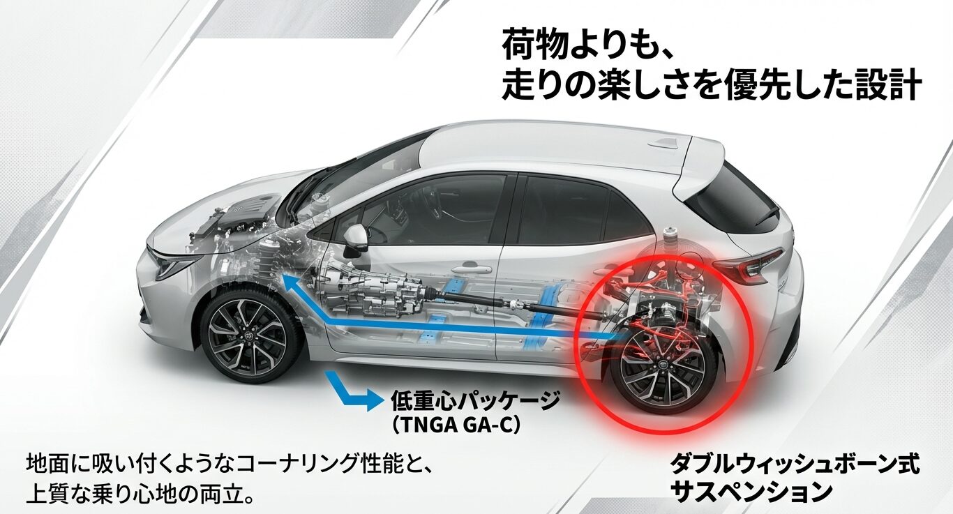 TNGA GA-Cプラットフォームとダブルウィッシュボーン式サスペンションによる低重心パッケージの解説図