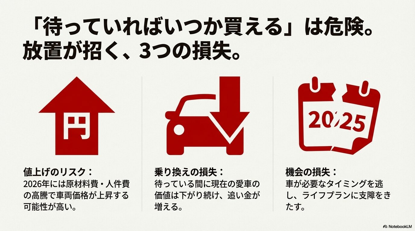 待ち続けることによる「値上げのリスク」「乗り換えの損失」「機会の損失」を赤いアイコンで強調した解説スライド。
