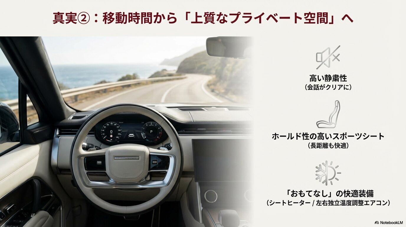 静粛性の高さ、スポーツシート、シートヒーターや独立温度調整エアコンなどの快適装備を紹介するアイコン付きスライド