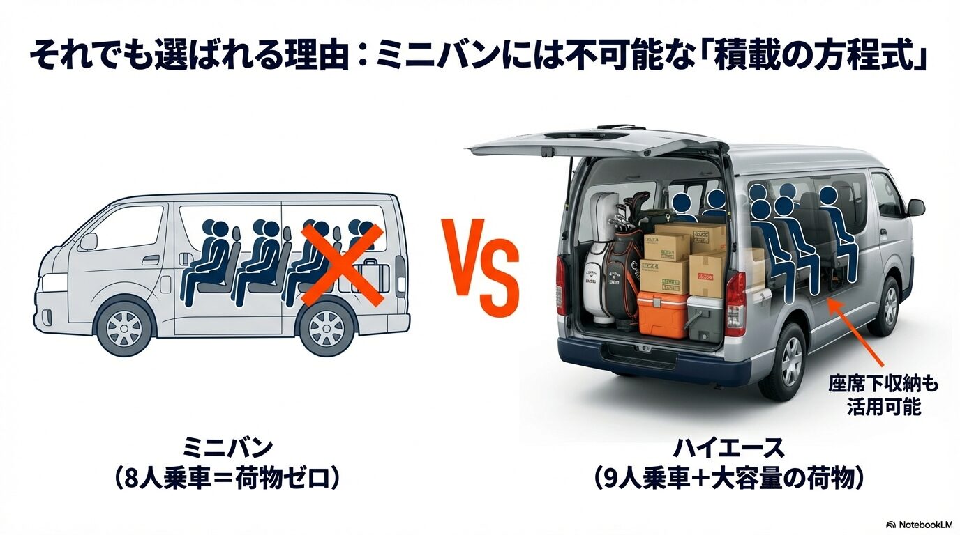 8人乗車で荷室がゼロになるミニバンに対し、9人乗車でも大容量の荷物が積めるハイエースの積載力比較図