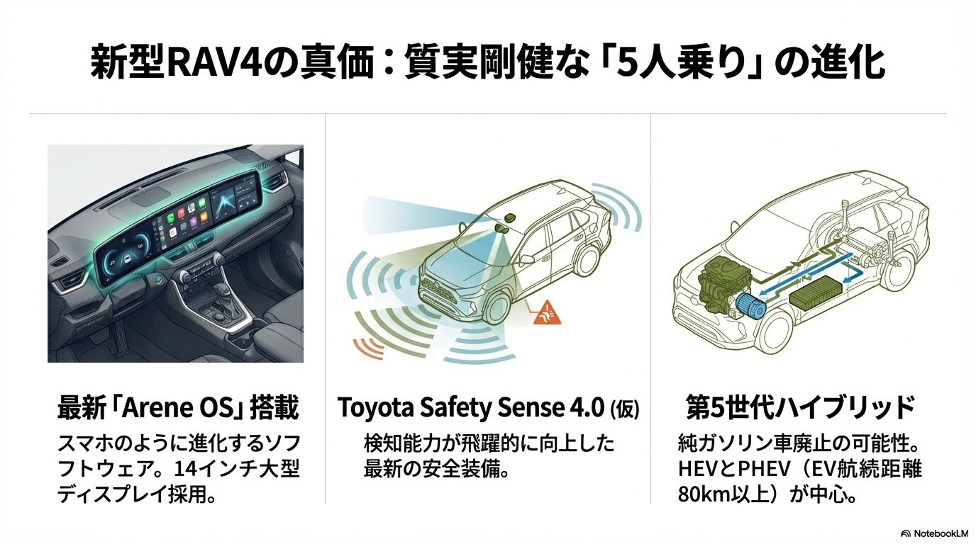 最新Arene OS、14インチ大型ディスプレイ、Toyota Safety Sense 4.0、第5世代ハイブリッドシステムなど、新型RAV4の技術的進化をまとめたスライド。