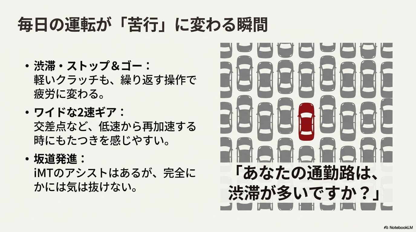 渋滞時の疲労、2速ギアのもたつき、坂道発進など、MT車で不便を感じやすいシーンのまとめ