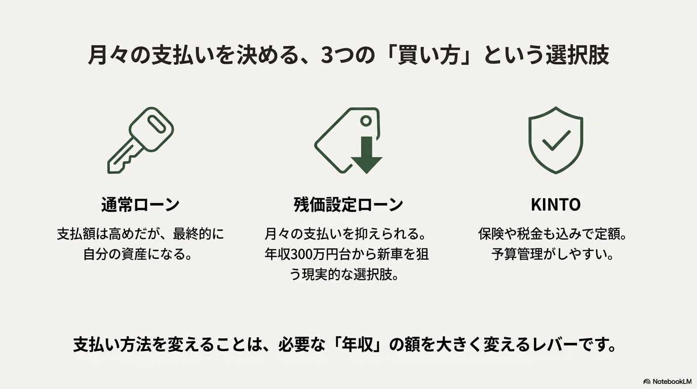 通常ローン、残価設定ローン、KINTOの3つの選択肢を比較。支払い方法が「必要な年収額」を変えるレバーになることを示した図解スライド。