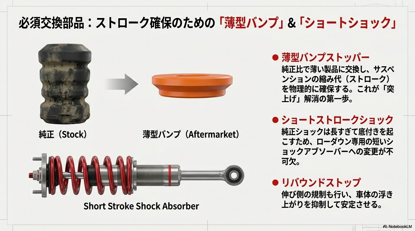 純正バンプストッパーが厚すぎるため、ローダウン時にサスペンションが縮む余裕がなくなり、常に接触して衝撃が発生する「底付き」状態の解説。