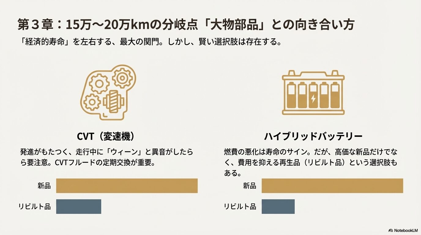 経済的寿命を左右するCVTとハイブリッドバッテリーについて、新品だけでなくリビルルト品(再生品)という選択肢があることを説明する図。