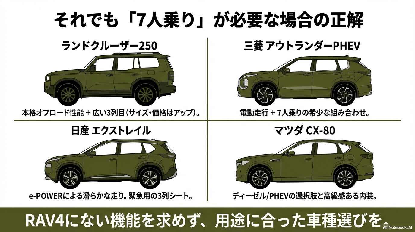 ランドクルーザー250、日産エクストレイル、三菱アウトランダーPHEV、マツダCX-80のシルエットと比較。用途に合わせた車種選びを推奨するスライド。