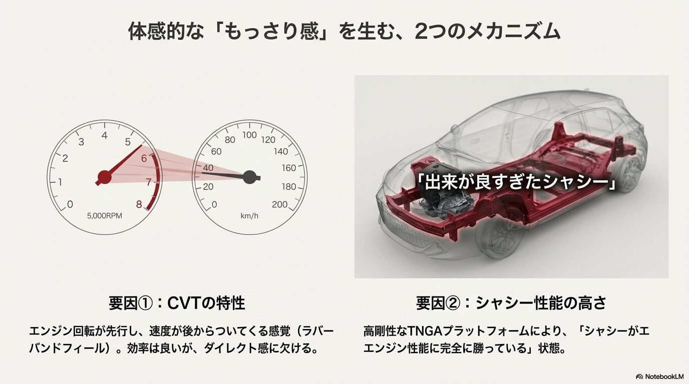 エンジン回転（5,000RPM）が速度（40km/h）に先行するラバーバンドフィールの図解と、TNGAプラットフォームによる高剛性なシャシーがエンジン性能に勝っている状態の解説