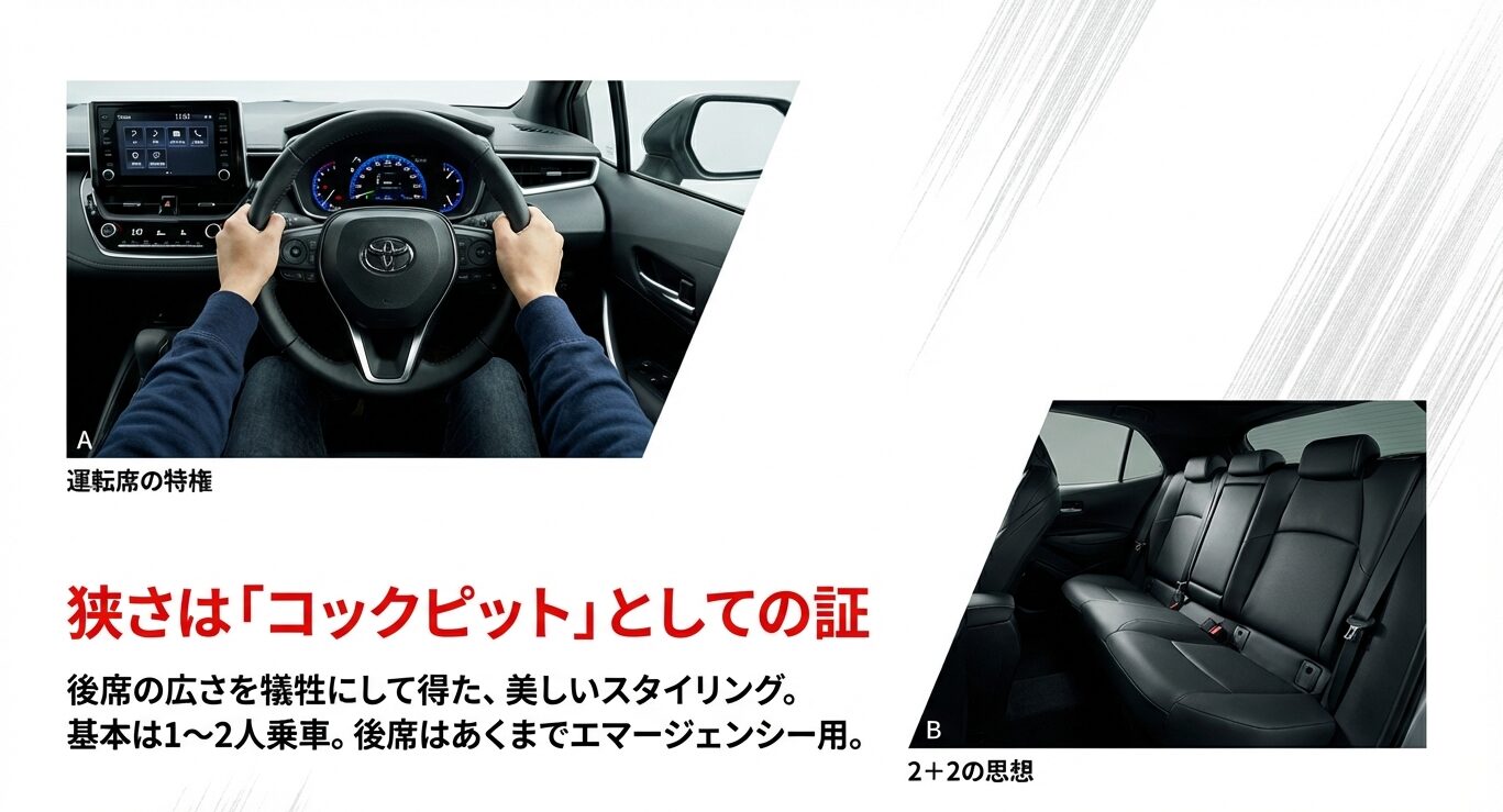 運転席の特権とコックピット感を重視し後席をエマージェンシー用と割り切ったカローラスポーツの車内画像