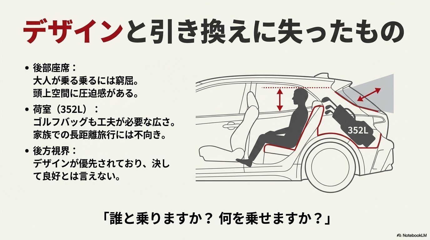 後部座席の頭上空間の狭さや、352Lの荷室にゴルフバッグを積んだ際のサイズ感を示す車両サイドビュー図