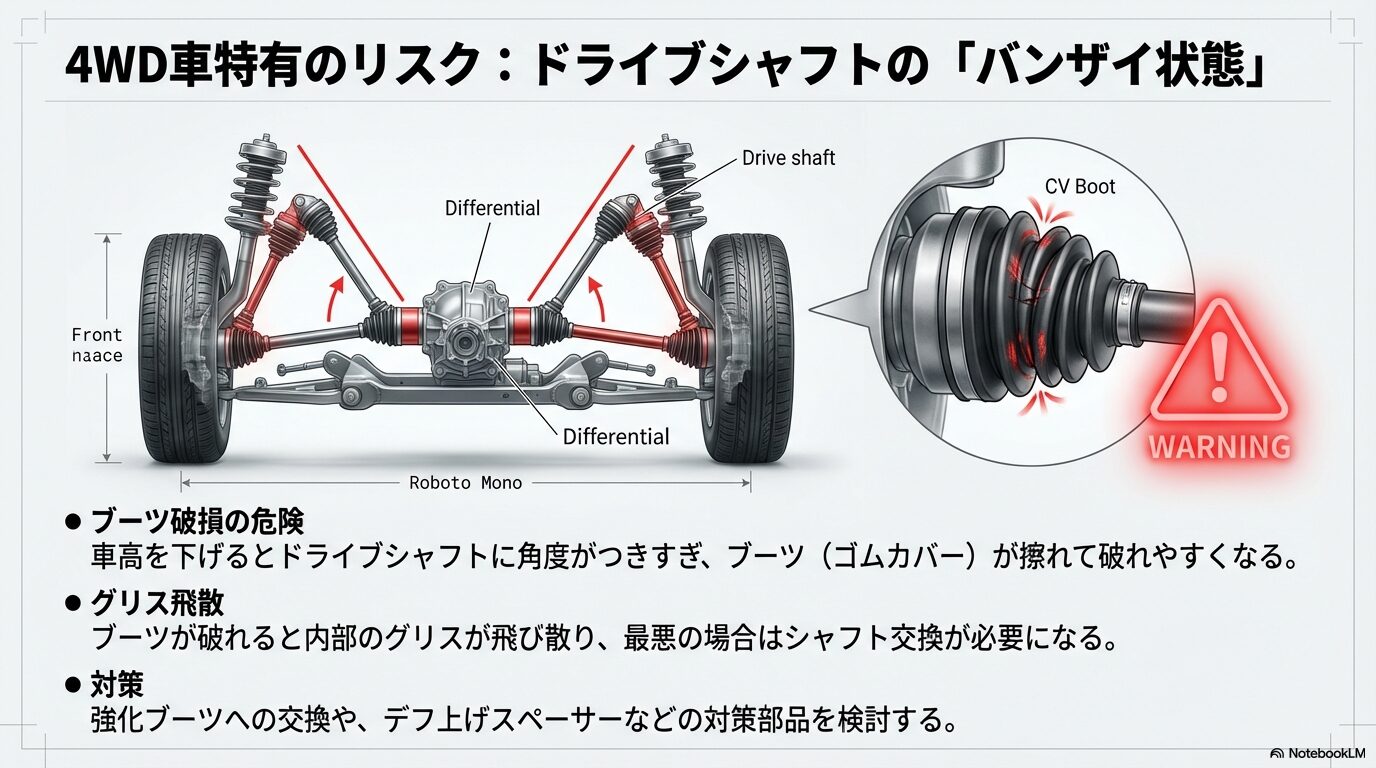 車高ダウンによりドライブシャフトに角度がつきすぎる「バンザイ状態」になり、CVブーツが擦れて破れ、グリスが飛散する危険性を示すイラスト。