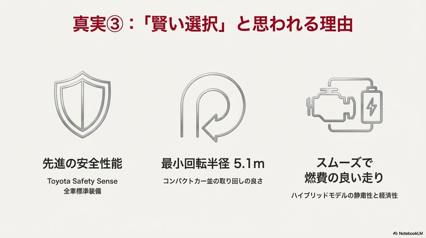 oyota Safety Sense、最小回転半径5.1m、ハイブリッドの経済性を紹介する盾やエンジンのアイコンスライド