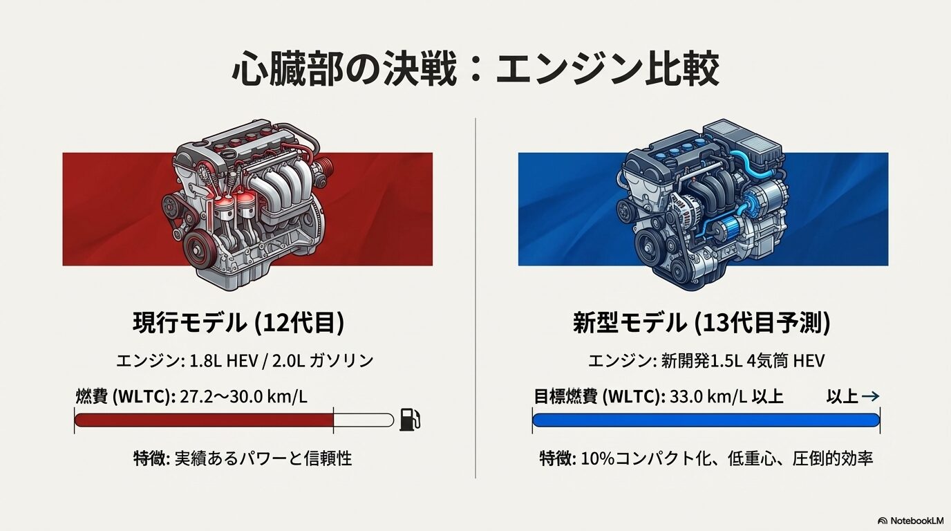 現行モデルの信頼性と、次期モデルの10%コンパクト化・燃費33km/L超えというスペックを比較したイラスト。