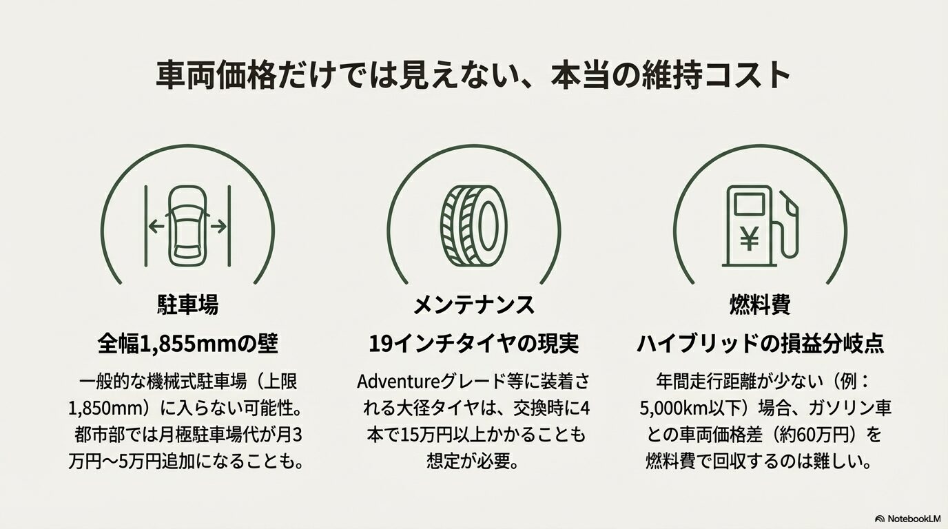 全幅1,855mmの駐車場の制限、19インチタイヤの交換費用(15万円〜)、ハイブリッドの損益分岐点(年間走行距離)について注意を促すスライド。