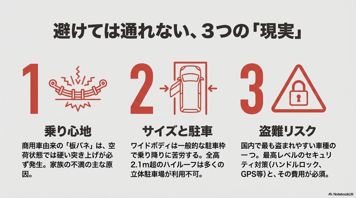 板バネによる突き上げ、駐車場での乗り降りの苦労、そして国内トップクラスの盗難リスクという、ハイエース特有の3つの課題をアイコンで示したスライド。