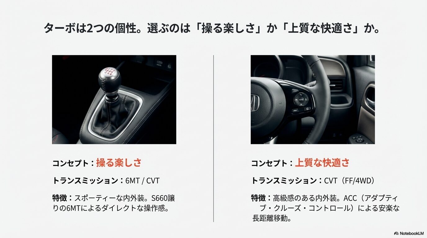 操る楽しさのRS（6MT/CVT）と、上質な快適さのPremium Tourer（CVT）のトランスミッションと特徴の比較。