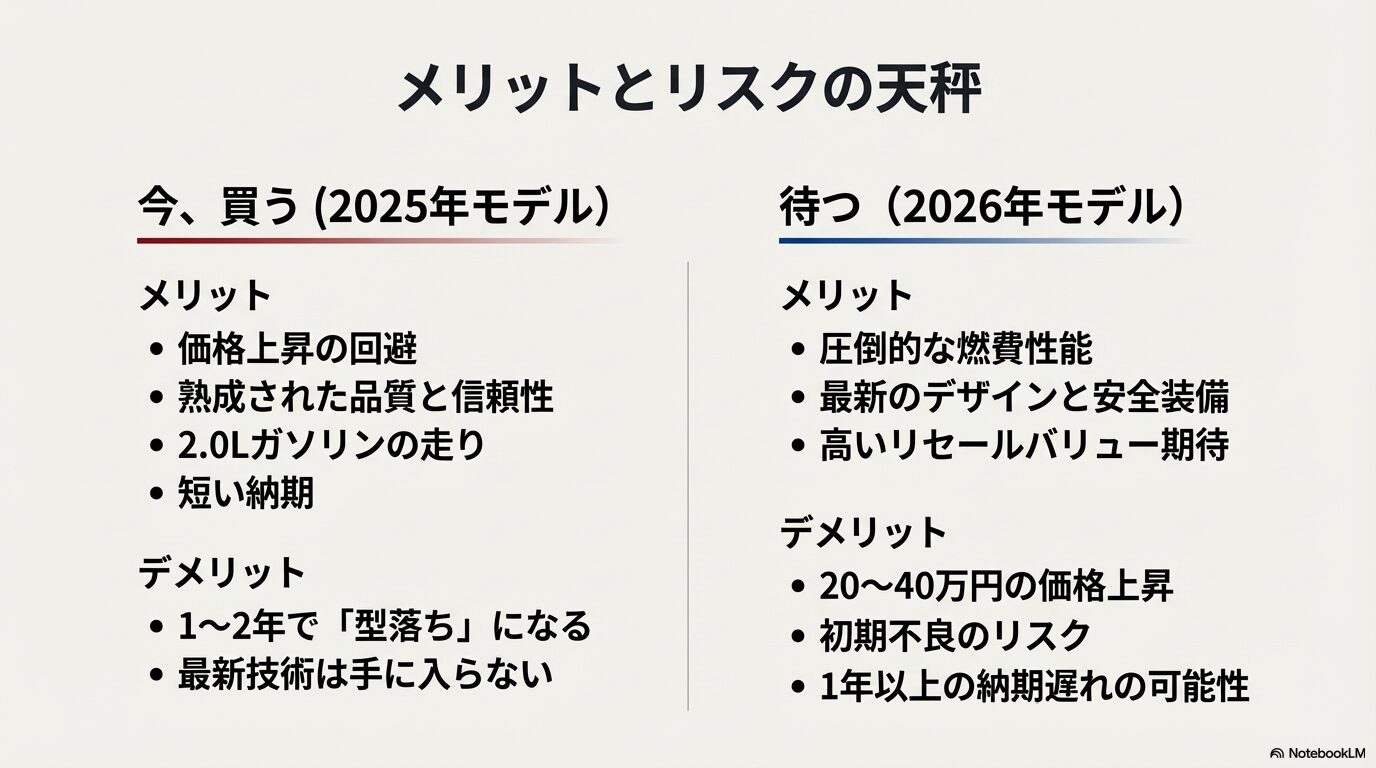 025年モデルと2026年モデルの価格・品質・納期・技術に関するメリットとリスクを一覧化した比較表。