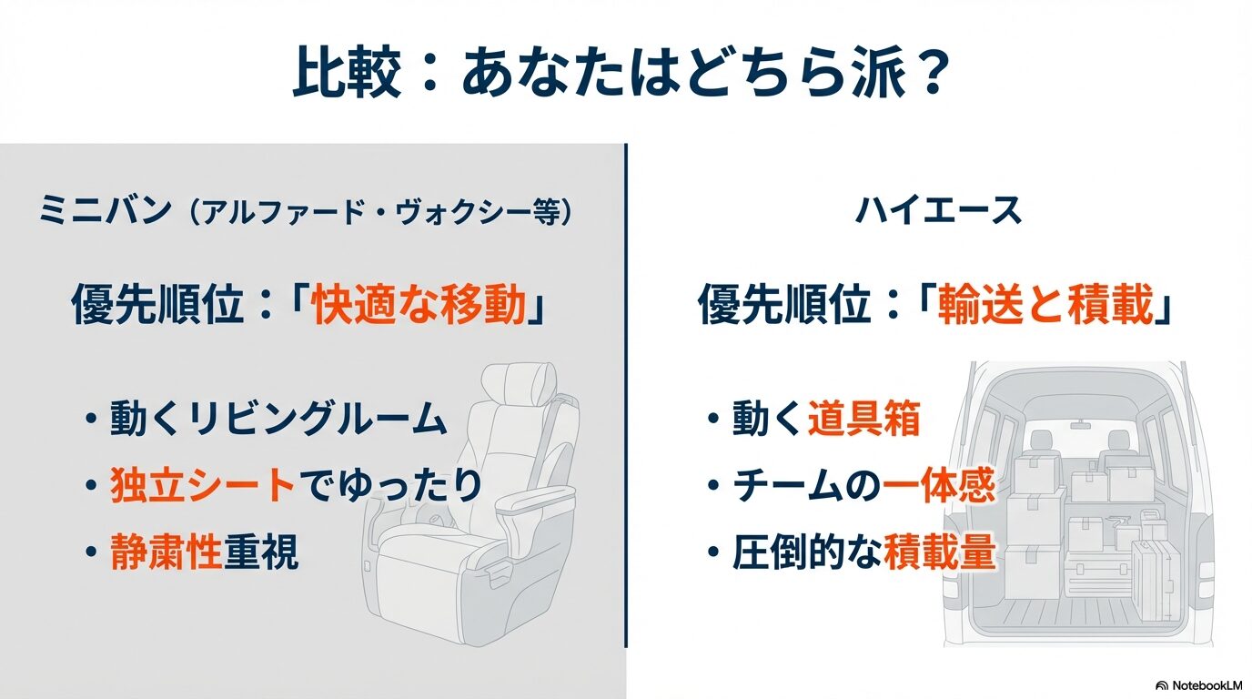 快適な移動を優先するミニバン（動くリビング）と、輸送と積載を優先するハイエース（動く道具箱）の比