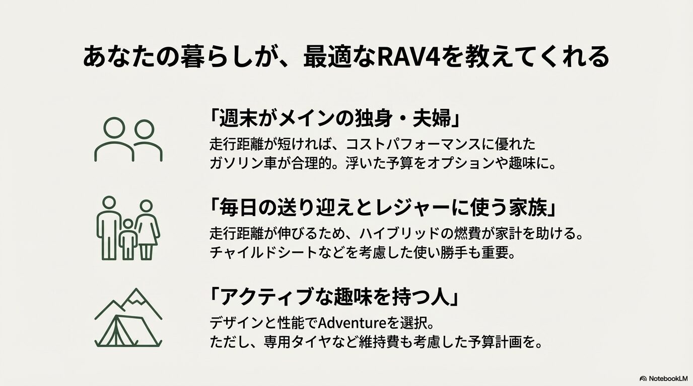 「週末メインの独身・夫婦」「送り迎えメインの家族」「アクティブな趣味を持つ人」それぞれに適したモデルと注意点をまとめた比較スライド。