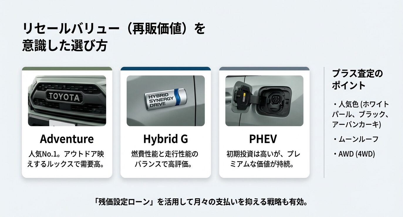 dventureやHybrid G等の人気グレードと、ホワイトパール、ブラック、アーバンカーキといった人気色、ムーンルーフ等のプラス査定要素をまとめたスライド